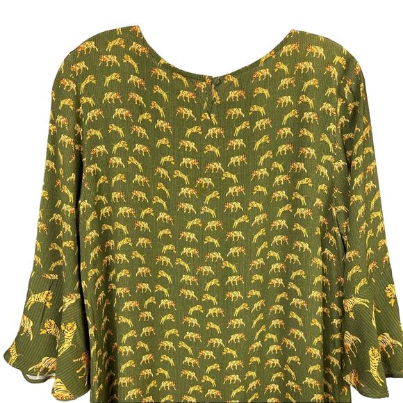 Anthropologie Conditions Apply Olive Green Tiger Print Ruffle Sleeve Dress - Picture 14 of 15